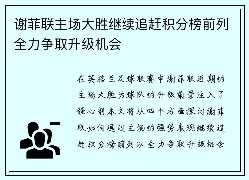 谢菲联主场大胜继续追赶积分榜前列全力争取升级机会