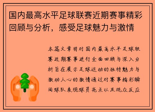 国内最高水平足球联赛近期赛事精彩回顾与分析，感受足球魅力与激情