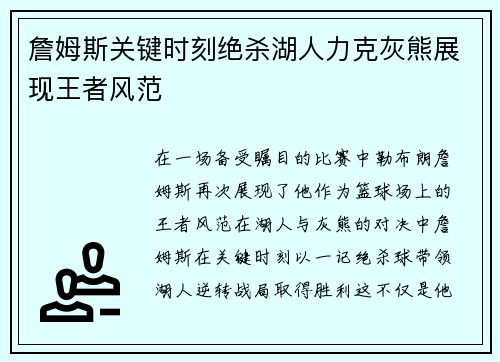 詹姆斯关键时刻绝杀湖人力克灰熊展现王者风范