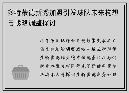 多特蒙德新秀加盟引发球队未来构想与战略调整探讨