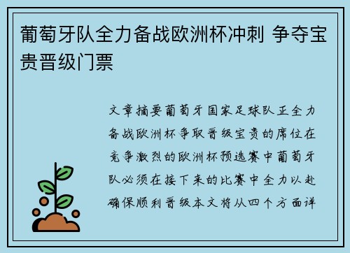 葡萄牙队全力备战欧洲杯冲刺 争夺宝贵晋级门票