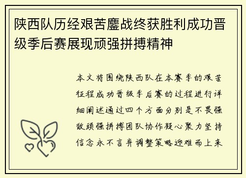 陕西队历经艰苦鏖战终获胜利成功晋级季后赛展现顽强拼搏精神