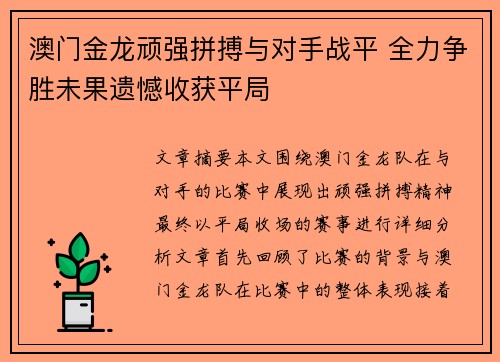 澳门金龙顽强拼搏与对手战平 全力争胜未果遗憾收获平局