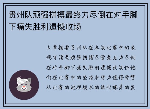 贵州队顽强拼搏最终力尽倒在对手脚下痛失胜利遗憾收场