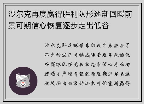 沙尔克再度赢得胜利队形逐渐回暖前景可期信心恢复逐步走出低谷