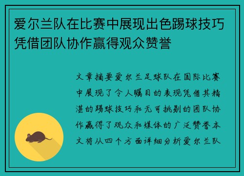 爱尔兰队在比赛中展现出色踢球技巧凭借团队协作赢得观众赞誉