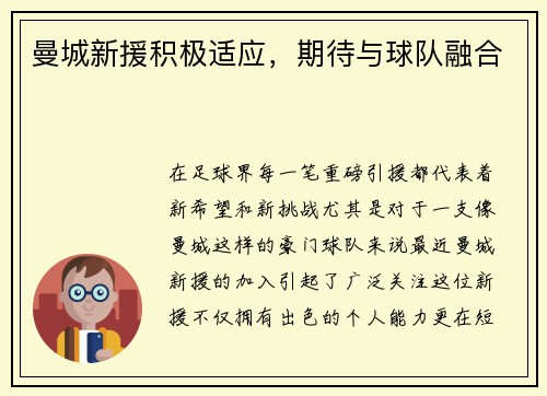 曼城新援积极适应，期待与球队融合