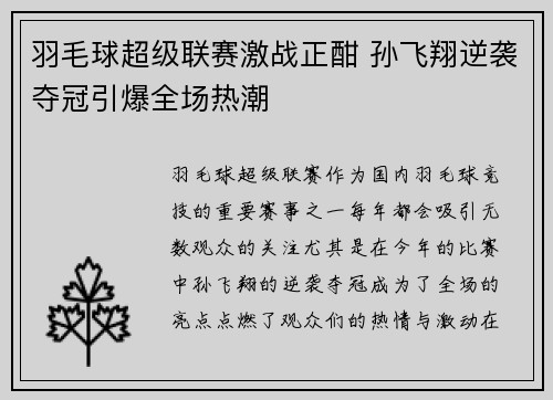 羽毛球超级联赛激战正酣 孙飞翔逆袭夺冠引爆全场热潮